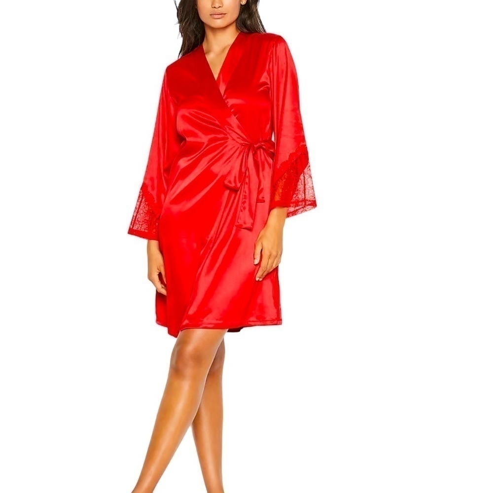 Victoria’s Secret Red Satin chantilly Lace back wrap Kimono Robe women's Sz XS/S